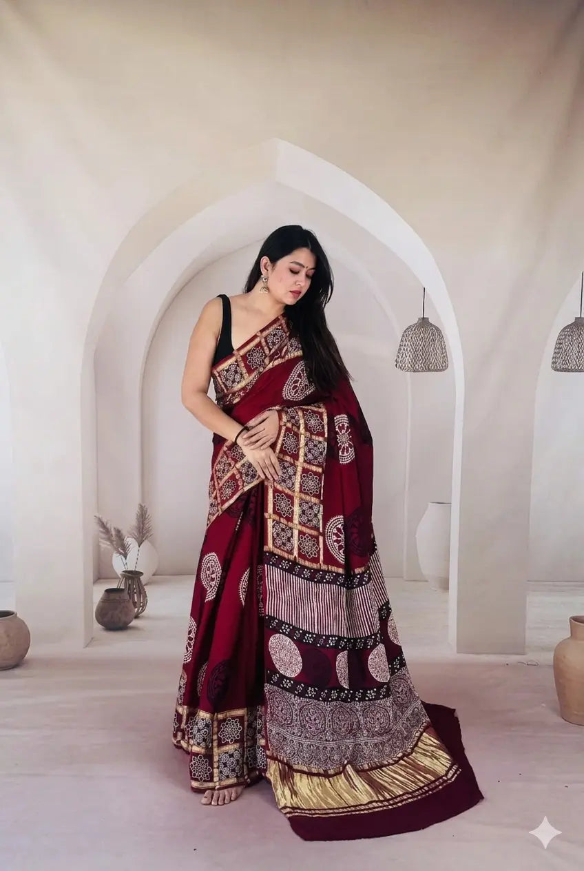 Ajrak  Handmade Print Modal Silk Saree