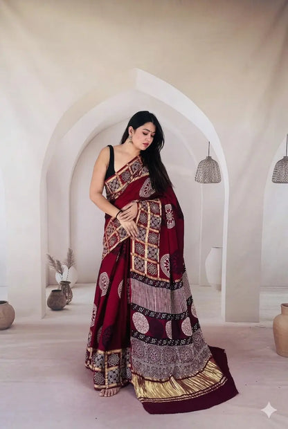 Ajrak  Handmade Print Modal Silk Saree