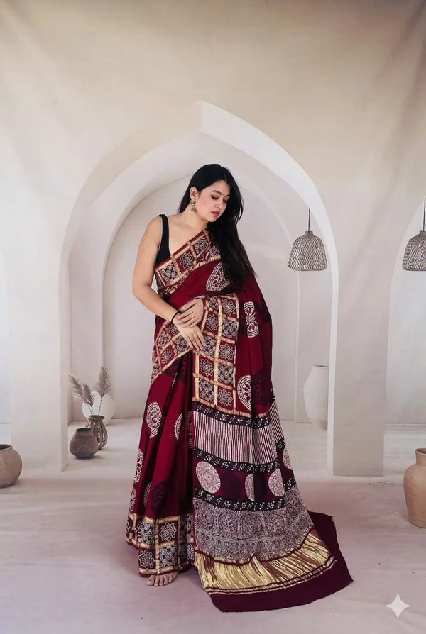 Ajrak  Handmade Print Modal Silk Saree
