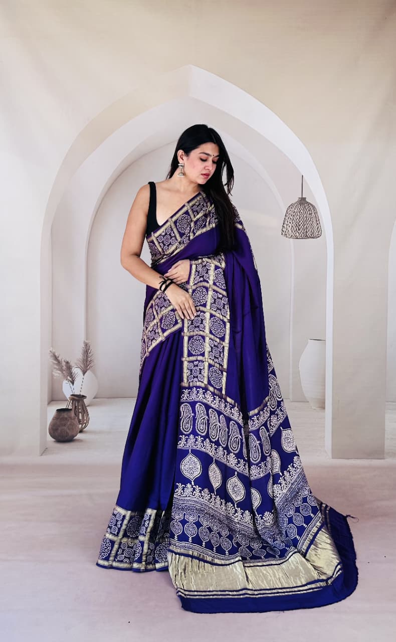 Ajrak  Handmade Print Modal Silk Saree