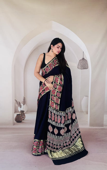 Ajrak  Handmade Print Modal Silk Saree