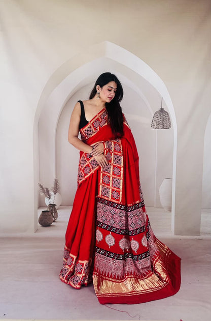 Ajrak  Handmade Print Modal Silk Saree