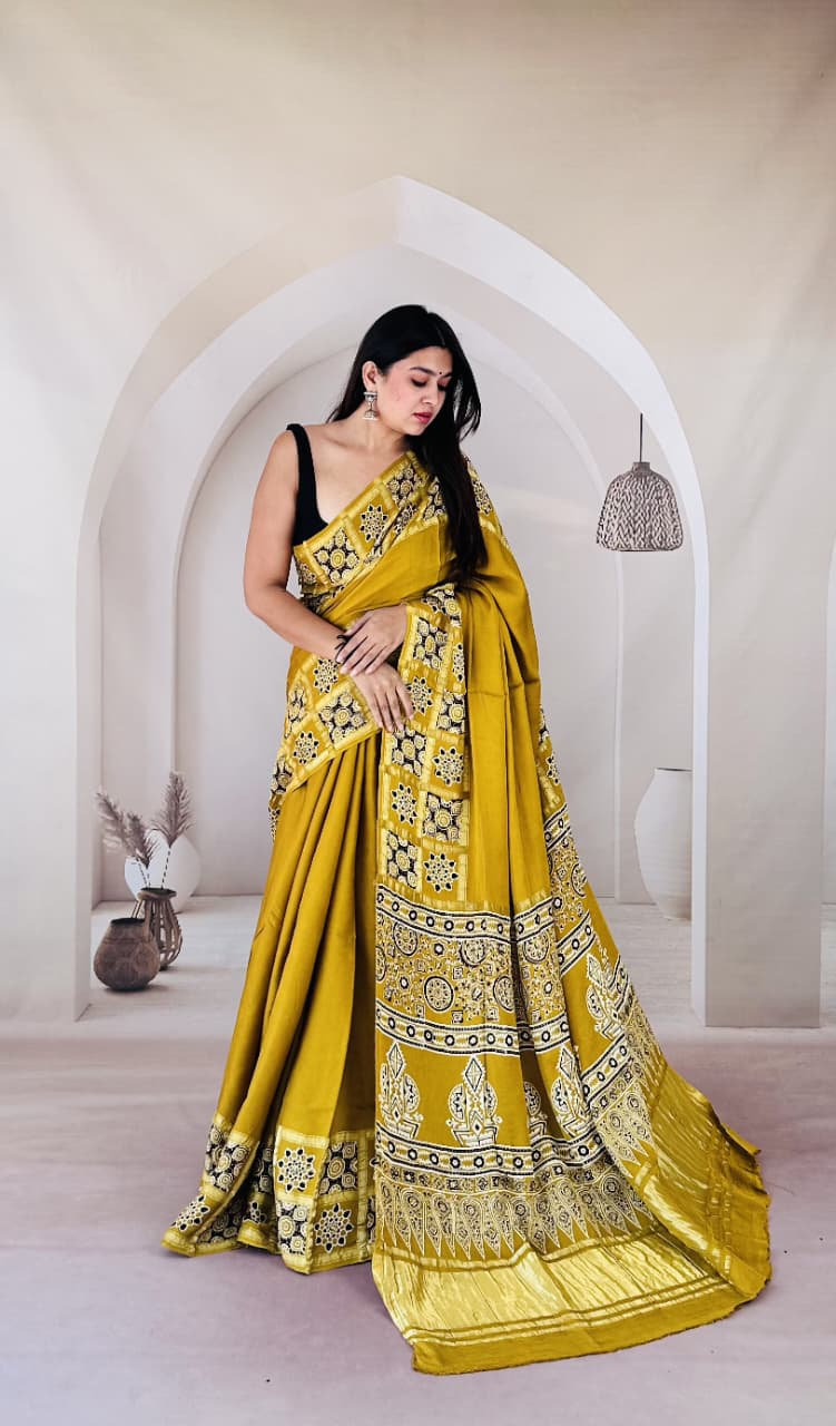 Ajrak  Handmade Print Modal Silk Saree