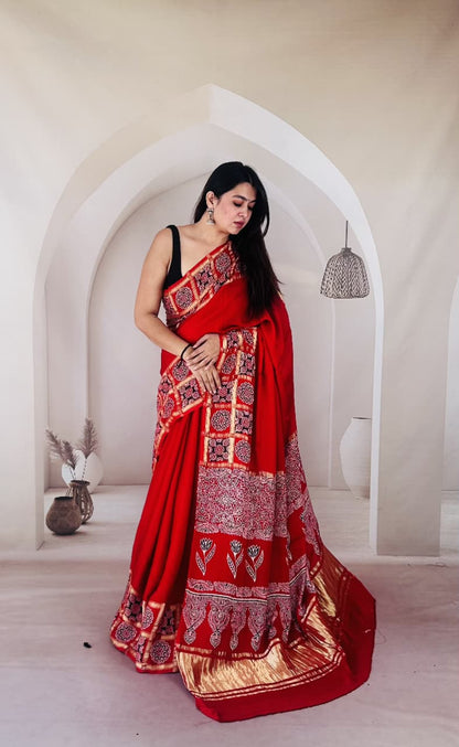 Ajrak  Handmade Print Modal Silk Saree