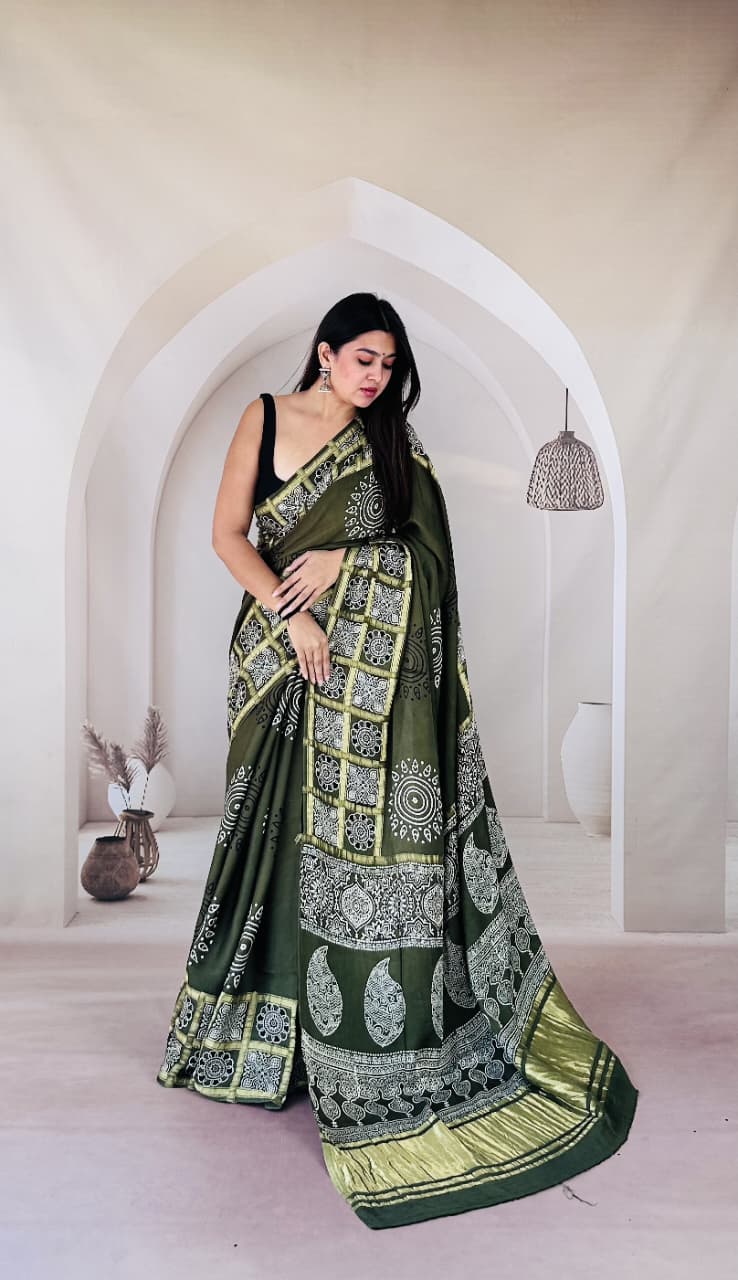 Ajrak  Handmade Print Modal Silk Saree