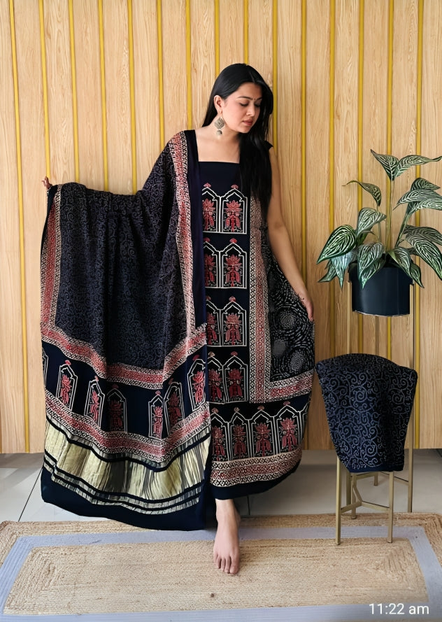 Ajrak Handmade Print 3 Piece Churidar Material