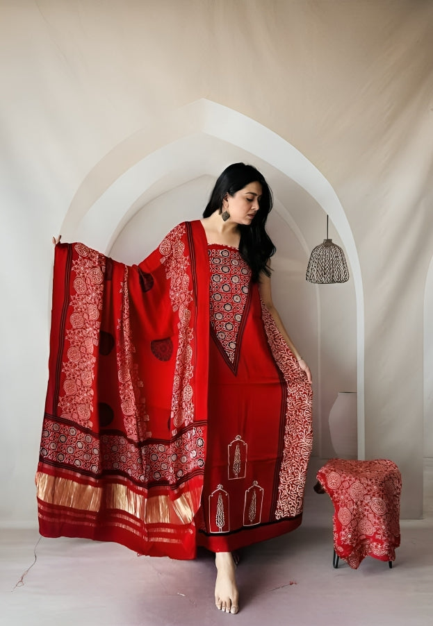 Ajrak Handmade Print 3 Piece Churidar Material